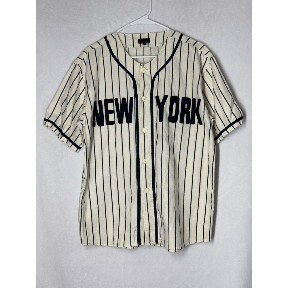 New York Baseball Jersey Pinstripe Y2K Streetwear Button Up Shirt Japan Medium
